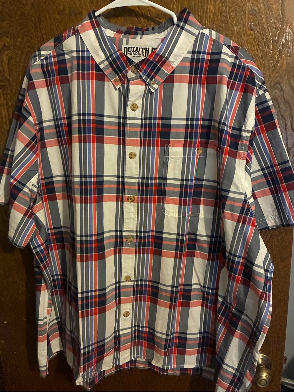 Duluth Trading Co Short Sleeve Button-Down Plaid Shirt - White, Red, Navy